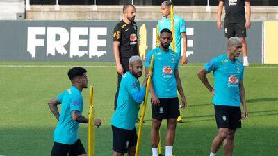 Brazil's Neymar, second from left, attends a training session at Goyang Stadium in Goyang, South Korea, Sunday, May 29, 2022. Brazil national soccer team will play a friendly soccer match against South Korea on June 2. (AP Photo / Ahn Young-joon)