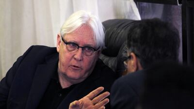 UN envoy Martin Griffith, left, talks to Houthi representatives during a meeting in Sanaa, Yemen, on June 16, 2018. Yahra Arhab / EPA