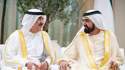Sheikh Mohamed bin Rashid, Vice President, Prime Minister and Ruler of Dubai, speaks with Sheikh Saud bin Rashid Al Mualla, Ruler of Umm Al Quwain, at the gathering.