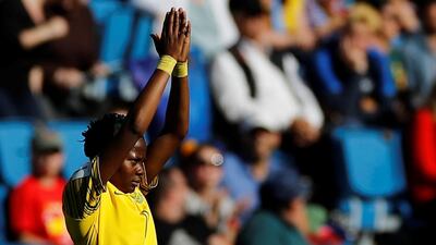 South Africa's Thembi Kgatlana celebrates scoring their first goal against Spain. Reuters