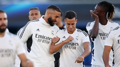 Karim Benzema and Lucas Vazquez of Real Madrid during their training session ahead of the UEFA Super Cup against Eintracht Frankfurt at Helsinki's Olympic Stadium. Getty