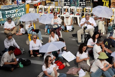 Protesters demonstrate for the release of hostages in Gaza, outside the Israeli prime minister's residence in Jerusalem on Monday. AFP