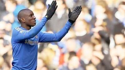 Chelsea's Demba Ba celebrates after scoring the match's lone goal against West Bromwich Albion at Stamford Bridge Stadium on Saturday. Kirsty Wigglesworth / AP Photo