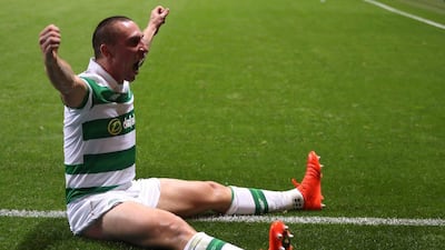 Celtic’s Scott Brown celebrates scoring their fifth goal in the Uefa Champions League qualifying play-off first leg match at Celtic Park, Glasgow, August 17 2016. Russell Cheyne / Action Images / Reuters