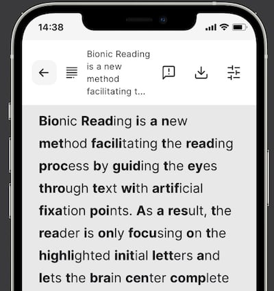The Bionic Reading app highlights key letters in words to allow the brain to digest information more quickly. Photo: Bionic Reading