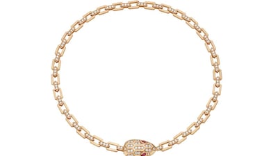 Serpenti collar necklace in pink gold with rubellites and full pavé diamonds, Dh142,000. Courtesy Bulgari