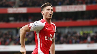Olivier Giroud celebrates scoring for Arsenal on Saturday in his side's Premier League win over Liverpool. John Sibley / Reuters / Action Images / April 4, 2015
