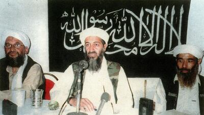 This undated photo taken in an unknown location, obtained October 2, 2001 from the office of the US Attorney for the Southern District of New York, shows Saudi-born millionaire Osama bin Laden, centre, Ayman Al-Zawahiri, left, a physician and the founder of the Egyptian Islamic Jihad, and Muhammad Atef, right. AFP photo