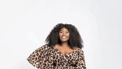 Nojima leopard-print wrap blouse, worn with Ojoma mid-length bodycon skirt in a stretch, ribbed texture fabric from from Dear Curves