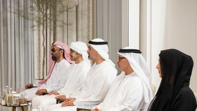 From left: Sheikh Tahnoon bin Zayed, Deputy Ruler of Abu Dhabi and UAE National Security Adviser; Sheikh Abdullah bin Zayed, UAE Minister of Foreign Affairs; Sheikh Khaled bin Mohamed bin Zayed, Crown Prince of Abu Dhabi and chairman of Abu Dhabi Executive Council; Dr Anwar bin Mohamed Gargash, diplomatic advisor to the UAE President; and Reem bint Ibrahim Al Hashimi, UAE Minister of State for International Co-operation. Ryan Carter / UAE Presidential Court