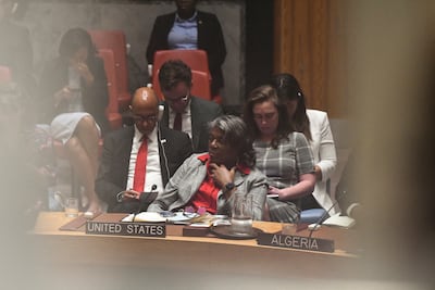 US Ambassador to the UN Linda Thomas-Greenfield listens to speakers during a Security Council vote on a US-drafted resolution backing a proposal for a ceasefire in Gaza. Reuters