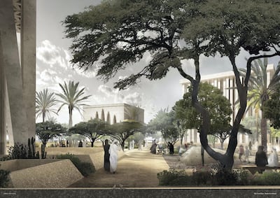 An artist's impression of the landscape at the Abrahamic Family House. Courtesy Adjaye Associate