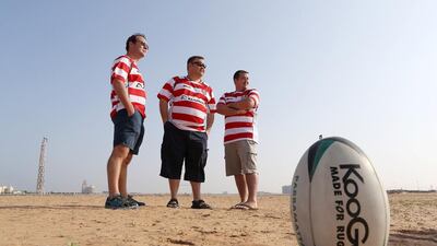 Left to Right: Gavin Jackson , Michael Ivan Silvester and Craig Howling from RAK Goats at the sand rugby field at Bin Majid Beach Resort in Ras Al Khaimah. Pawan Singh / The National