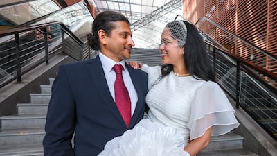 Michael Williams and Rachel Salema, who have lived in the UAE since 1997, were married at Abu Dhabi Civil Family Court. They are among more than 4,300 couples who have tied the knot in Abu Dhabi in 2026. All photos: Victor Besa / The National