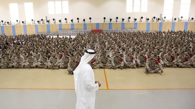 Sheikh Mohammed bin Zayed, Crown Prince of Abu Dhabi and Deputy Supreme Commander of the Armed Forces, addresses personnel as he inaugurates the Seih Hafair Camp National Service School of the Presidential Guard on Wednesday. Ryan Carter / Crown Prince Court – Abu Dhabi