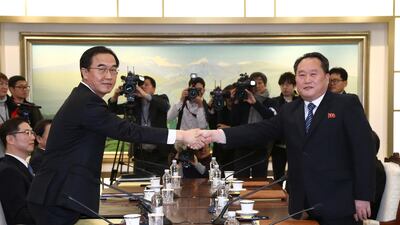 Head of the North Korean delegation Ri Son Gwon shakes hands with his South Korean counterpart, Cho Myoung-gyon, during their meeting at the truce village of Panmunjom. Reuters