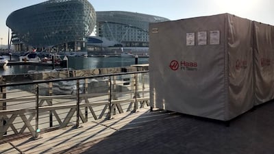 Boxes of equipment for the Haas F1 team arrive at Yas Marina Circuit. Courtesy Seven Media