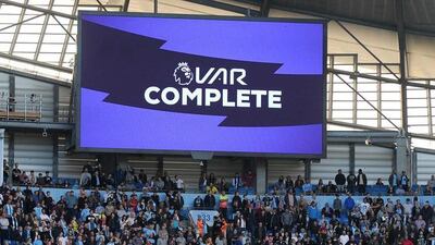 The giant screen signals to the referee, players and crowd at the Etihad Stadium, for Manchester City's clash with Tottenham Hotspur in August, that a VAR check over a disputed Gabriel Jesus goal has been completed. The goal was chalked off. Getty