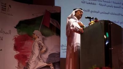 Dr Anwar Gargash, the Minister of State for FNC Affairs, spoke to candidates on issues related to the upcoming council elections at Al Ain Municipality's theatre.