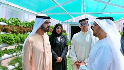 Sheikh Mohammed bin Rashid, Vice President and Ruler of Dubai, being briefed on the greenhouses for disabled people and senior citizens in the UAE. Photo: @HHShkMohed via Twitter