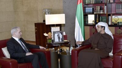 Sheikh Mansour bin Zayed, Deputy Prime Minister and Minister of Presidential Affairs, meets Elias Murr, president of the board of the Interpol Foundation for a Safer World, at the Presidential Palace on Tuesday.