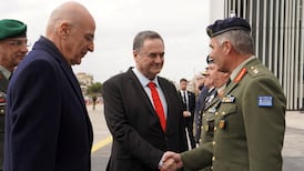 Israeli Defence Minister Israel Katz greets Greek Maj Gen Ioannis Bouras, as Greek Defence Minister Nikolaos Dendias looks on, during a visit to Greece in January 2026. Israel Defence Ministry via Reuters