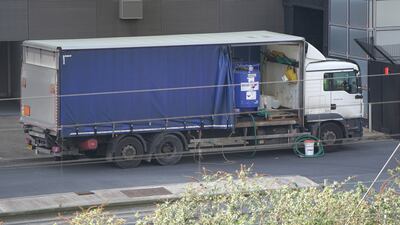 A lorry carrying a tank of hydrochloric acid, parked outside London Aquatics Centre at Queen Elizabeth Olympic Park. PA