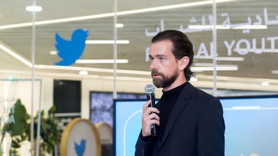 Jack Dorsey, chief executive of Twitter, launches the #YouthForGood initiative in Dubai on Monday. Courtesy Dubai Media Office