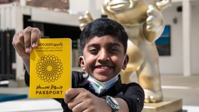 Ruwwad Najib, 10, from India with his Expo 2020 Dubai passport. All Photos by Victor Besa / The National