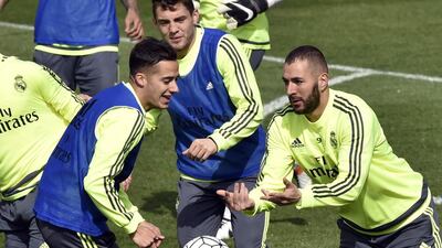 Lucas Vazquez, Mateo Kovacic and Karim Benzema take part in a training session. Gerard Julien / AFP