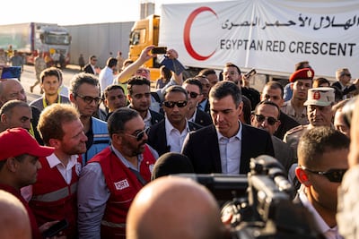 Spanish Prime Minister Pedro Sanchez at Rafah crossing in Egypt during Gaza-Israel conflict.