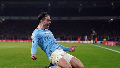 Manchester City's Jack Grealish celebrates scoring against Arsenal at the Emirates Stadium in February. PA