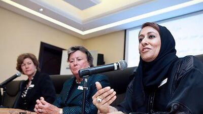 Fatima Al Jaber, a founding member of the local chapter of Women Corporate Directors, speaks at the launch event. Silvia Razgova / The National