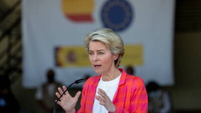 European Commission President Ursula Von der Leyen has visited a Spanish airbase that will become a refugee reception centre. Getty