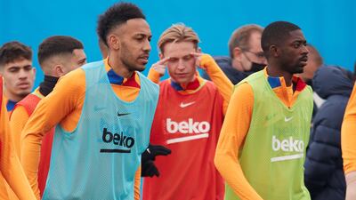 Barcelona's new signing Pierre-Emerick Aubameyang, midfielder Frankie de Jong and striker Ousmane Dembele participate in their team's training session at Joan Gamper sports city in Barcelona on Saturday, February 5, 2022. EPA