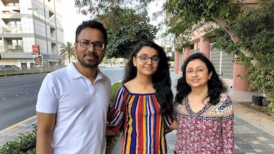 Anvesha Dutta, one of the highest scorers in the UAE, celebrates with her parents after getting 492 out of 500 in CBSE exams. Anvesha is a pupil at Bright Riders School in MBZ City. Courtesy: Anvesha Dutta