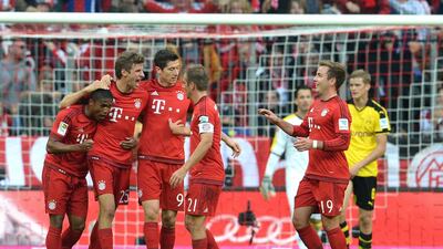 Bayern Munich are undefeated in all competitions this year and Robert Lewandowski, third from left, is a big reason why. Christof Stacher / AFP