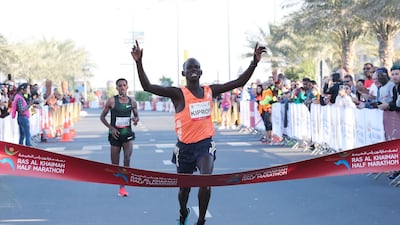 Stephen Kiprop wins the men's race at the RAK Half Marathon. Handout