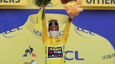 Slovenian rider Primoz Roglic after securing the yellow jersey for another day. Reuters