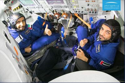 Maj Hazza Al Mansouri and Sultan Al Neyadi during simulation training in the Soyuz spacecraft. Courtesy: MBRSC