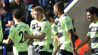 Manchester City's Kevin De Bruyne celebrates after scoring the only goal in the 1-0 Premier League victory against Leicester at King Power stadium on October 29, 2022. AP