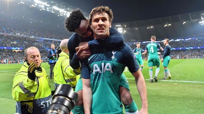 Tottenham Hotspur striker Fernando Llorente celebrates at the final whistle after his goal proved decisive against Manchester City. City won the match at the Etihad 4-3 but Tottenham advanced to the Champions League semi-finals on away goals after the tie finished 4-4 on aggregate. AFP