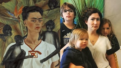 Shauna Barnes embodies Frida Kahlo, braids and unibrow included, for her version of the artist's 'Self-portrait with Monkeys'. Via @whatmommysaid / Twitter