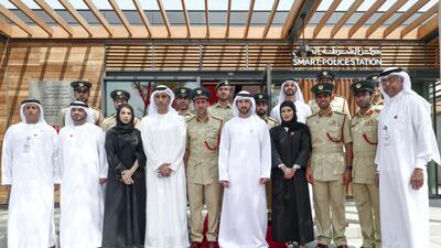 Sheikh Hamdan bin Mohammed stands for a photo after inaugurating the emirate's second Smart Police Station in the La Mer. Dubai Media Office / Wam