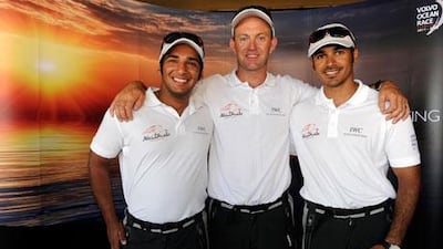Ian Walker, centre, the captain of the Abu Dhabi Ocean Racing Team, has two Emirati crew; Adil Khelid, left, and Butti Al Muhairi.