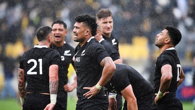 New Zealand players react after the Bledisloe Cup rugby game between the All Blacks and the Wallabies in Wellington, New Zealand. The game ended in a 16 all draw. AP Photo