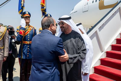President Sheikh Mohamed is received by Abdel Fattah El Sisi, President of Egypt, on his arrival at Cairo International Airport. Hamad Al Kaabi / UAE Presidential Court