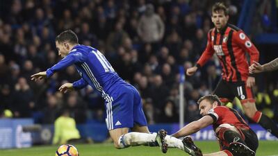 Eden Hazard is fouled by Simon Francis to earn Chelsea a penalty. Tony O’Brien / Reuters