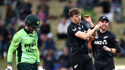 Ben Sears of New Zealand celebrates the wicket of Mohammad Wasim in Hamilton. Getty Images