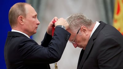 Russian President Vladimir Putin, left, awards a medal to Vladimir Zhirinovsky at the Kremlin in Moscow, Russia, on September 22, 2016. Reuters / Ivan Sekretarev